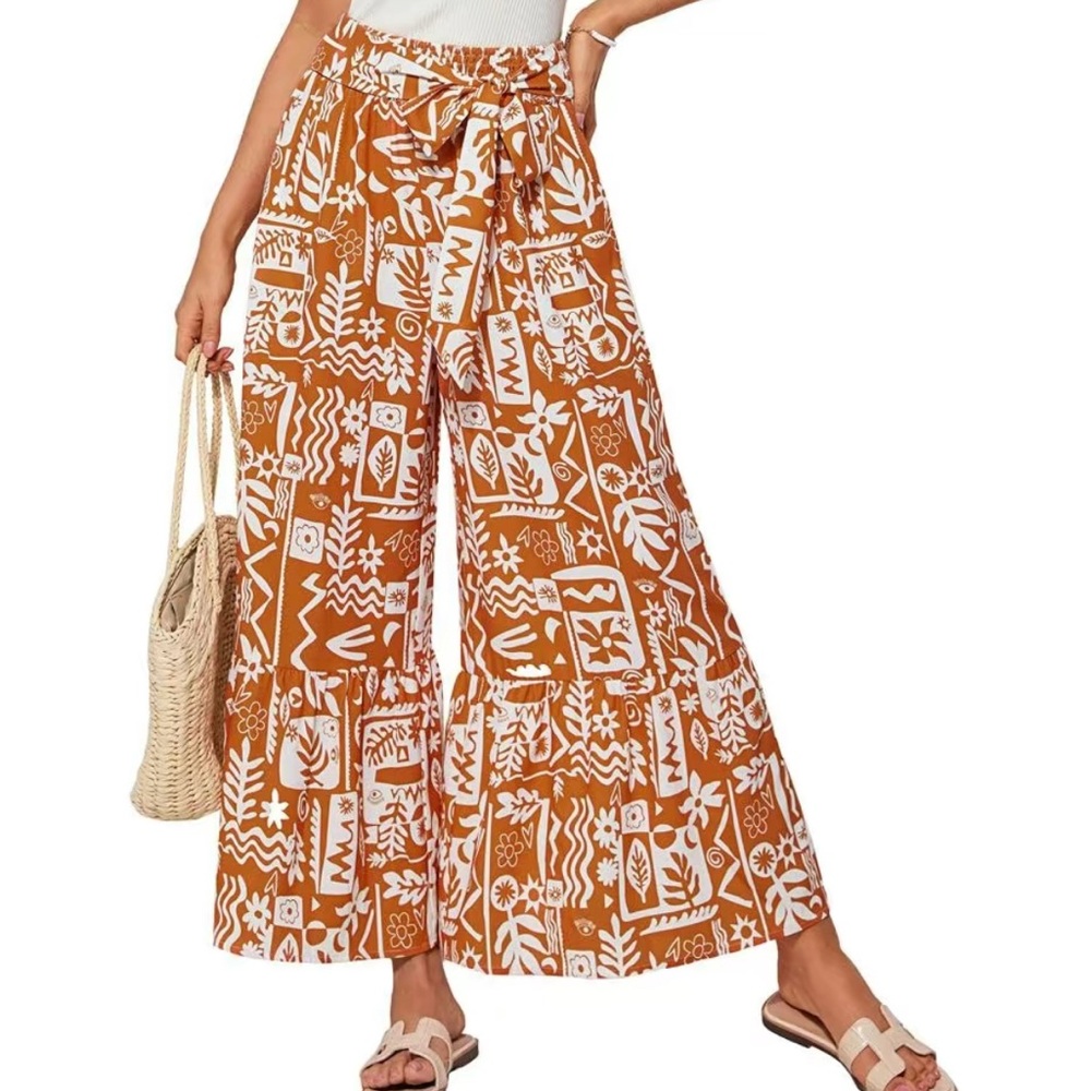 Grace Karin Tan and White Patterned Wide-Leg Pants